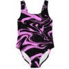 Kids one-piece swimsuit with pink and black liquid marble swirl print, front view