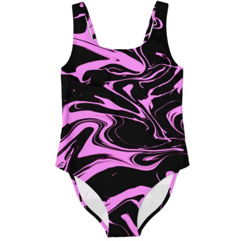 Kids one-piece swimsuit with pink and black liquid marble swirl print, front view