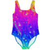 Neon acid drip one-piece swimsuit in pink blue and yellow gradient front view