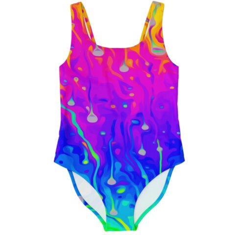 Neon acid drip one-piece swimsuit in pink blue and yellow gradient front view