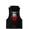 Back view of the rave sleeveless hoodie showing a distressed titan face graphic and jagged red lettering