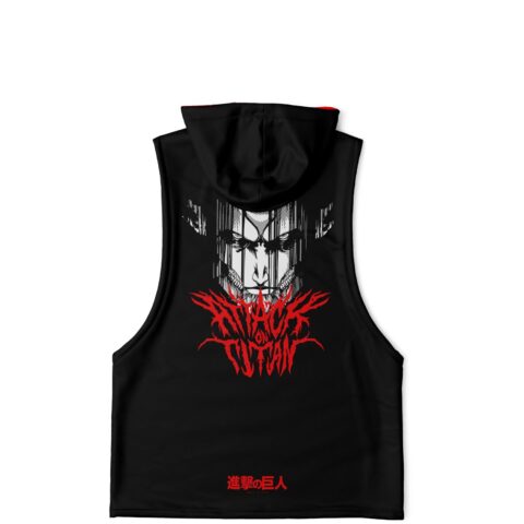 Back view of sleeveless hoodie showing distressed titan face graphic and jagged red lettering