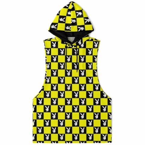 Bright yellow and black sleeveless hoodie with checkerboard pattern