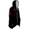 Black rave cloak side view showing cream fleece hood lining and red spiral emblem