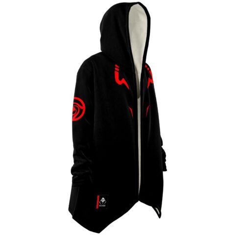 Black rave cloak side view showing cream fleece hood lining and red spiral emblem