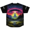 Meditating alien under UFO beam graphic on jersey back with Cyclops Army sleeve text
