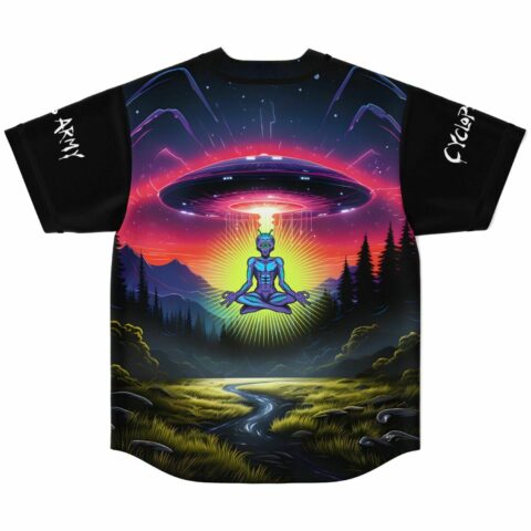 Meditating alien under UFO beam graphic on jersey back with Cyclops Army sleeve text