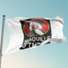 White rave flag waving on pole against blue sky showing Shaquille O'tmeal graphic