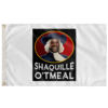 White rave flag with oval portrait parody logo reading Shaquille O'tmeal front view