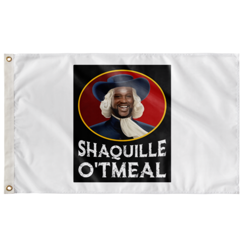 White rave flag with oval portrait parody logo reading Shaquille O'tmeal front view