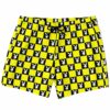 Yellow black checkerboard swim trunks with bunny mascot squares front view laid flat