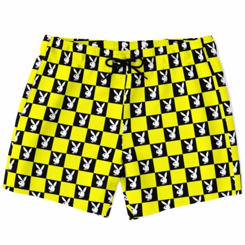 Yellow black checkerboard swim trunks with bunny mascot squares front view laid flat