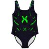 Green circuit board print swimsuit with glowing X logo front view