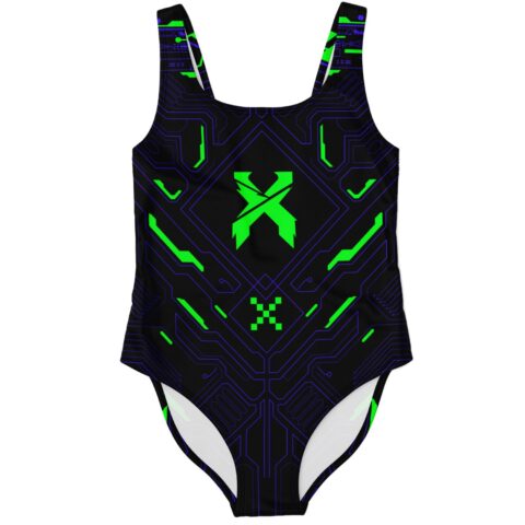 Green circuit board print swimsuit with glowing X logo front view