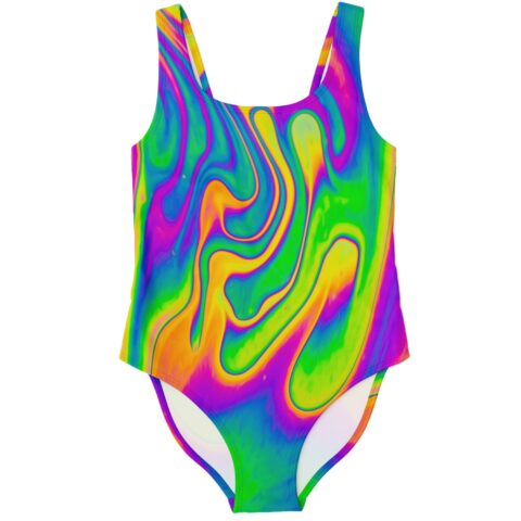 Neon liquid marble swirl one-piece rave swimsuit front view on white background