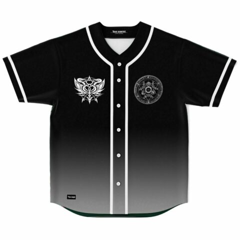 Black baseball jersey with white alchemy circle emblem and tribal crest on chest, front view