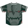 Anime-inspired armored monster face print in grey and green covers back of rave baseball jersey