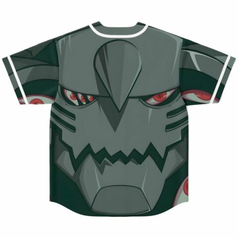 Anime-inspired armored monster face print in grey and green covers back of rave baseball jersey