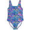 One-piece swimsuit with psychedelic mushroom forest print in blue purple and teal, front view