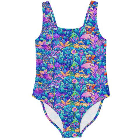 One-piece swimsuit with psychedelic mushroom forest print in blue purple and teal, front view