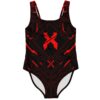 Black futuristic circuit rave swimsuit with red X logo on front
