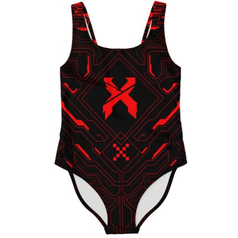 Black futuristic circuit rave swimsuit with red X logo on front