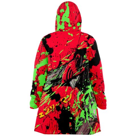 Rave cloak back view with red green and black paint splatter and shark fang graphic