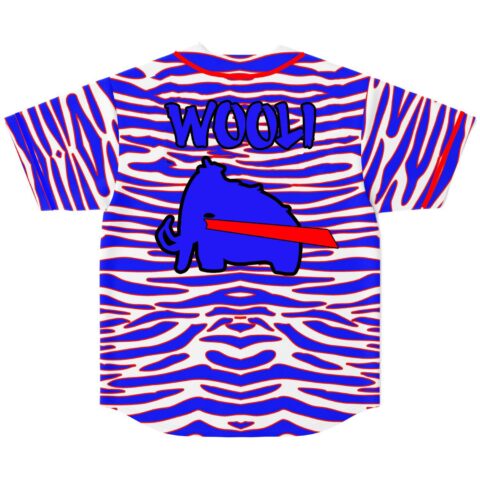 Back view of blue and red zebra stripe rave baseball jersey with mammoth graphic