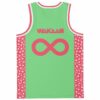 Back view of mint green jersey with pink infinity symbol, Wakaan text, watermelon-print side panels