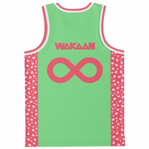 Back view of mint green jersey with pink infinity symbol, Wakaan text, watermelon-print side panels