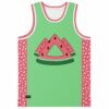Mint green basketball jersey with pink watermelon slice triangle logo, triangle-print side panels, front view