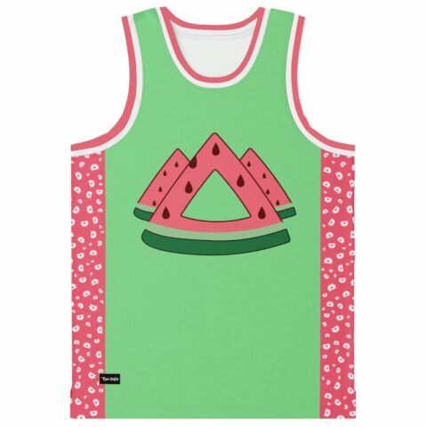 Mint green basketball jersey with pink watermelon slice triangle logo, triangle-print side panels, front view