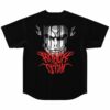 Back view of black jersey featuring cracked anime-inspired face print with red spiked text below