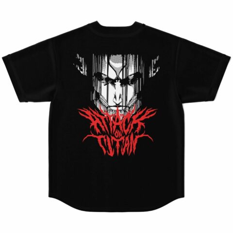 Back view of black jersey featuring cracked anime-inspired face print with red spiked text below