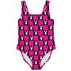 Hot pink checkerboard bunny print one-piece swimsuit front view on white background