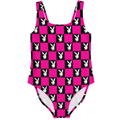 Hot pink checkerboard bunny print one-piece swimsuit front view on white background