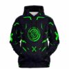 Green circuit board print hoodie with glowing target emblem on chest front view
