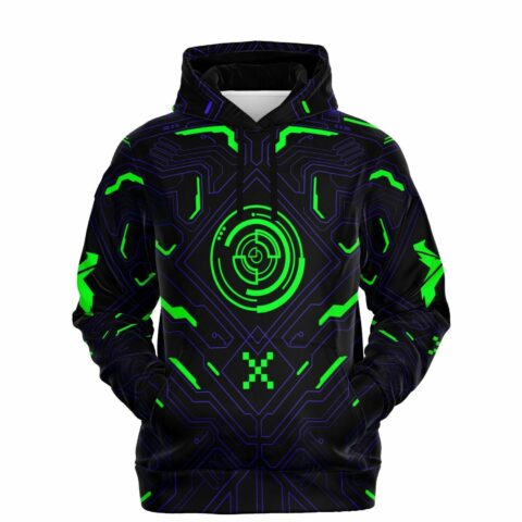 Green circuit board print hoodie with glowing target emblem on chest front view
