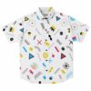 White short sleeve rave button-down shirt with colorful Memphis-style geometric patterns