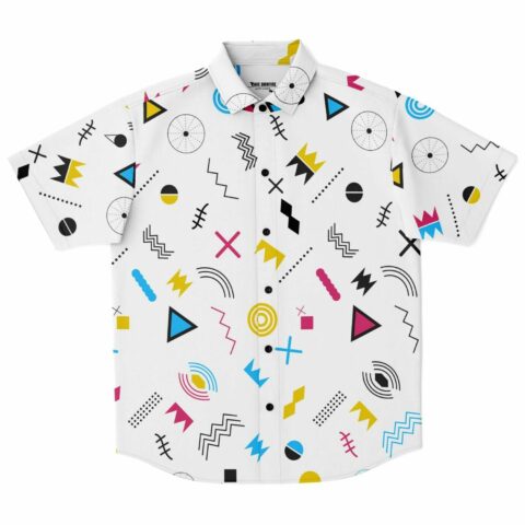 White short sleeve button-down shirt with colorful Memphis geometric patterns