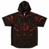 Black cyber circuit rave hooded baseball jersey with red glowing motherboard print front view