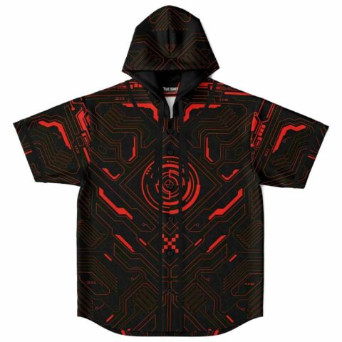 Black cyber circuit rave hooded baseball jersey with red glowing motherboard print front view