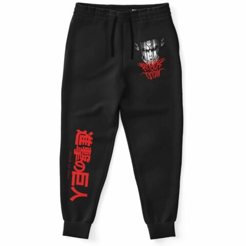 An Attack on Titan Jogger with red writing on them.