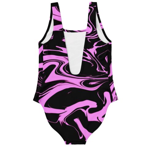 Pink and black liquid swirl swimsuit showing deep V back cutout with white lining