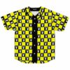 Neon yellow checkerboard grid rave baseball jersey with bunny icons, front view laid flat
