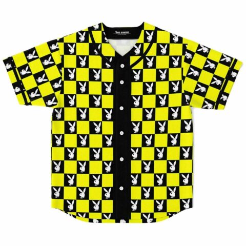 Neon yellow checkerboard grid rave baseball jersey with bunny icons, front view laid flat