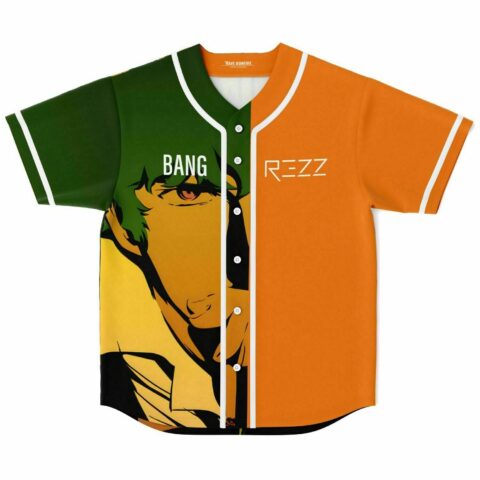 Green and orange anime rave baseball jersey with BANG text and REZZ logo