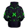 Black hoodie back view showing neon green X logo and cyberpunk circuit lines