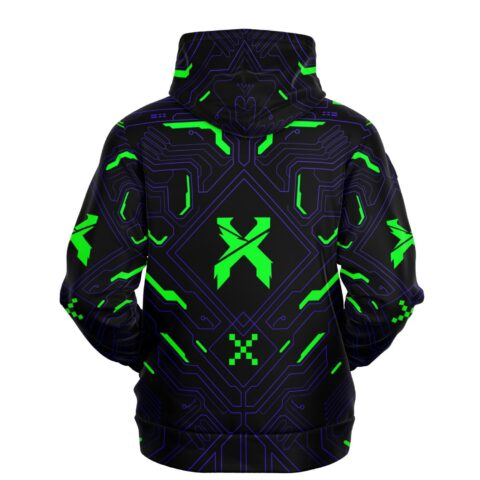Black hoodie back view showing neon green X logo and cyberpunk circuit lines