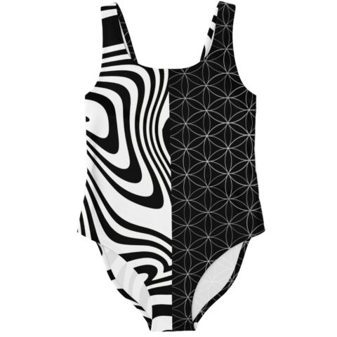 Split swirl and flower of life print rave swimsuit front flat lay view